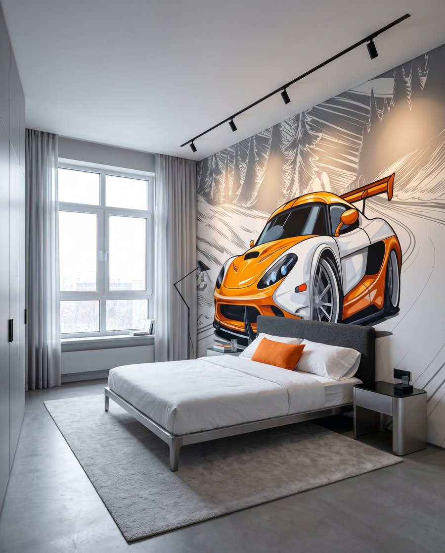 Oranžové auto v zatáčce — interiér 2