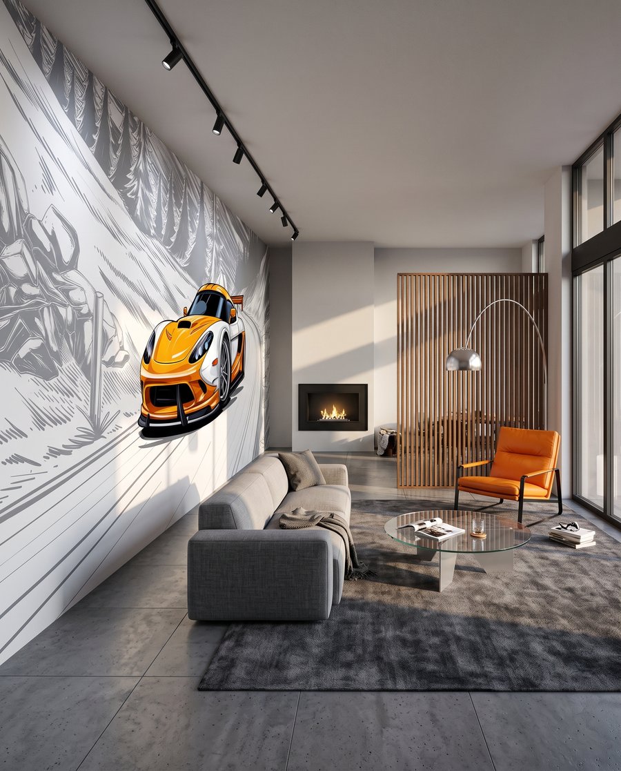 Oranžové auto v zatáčce v interiéru