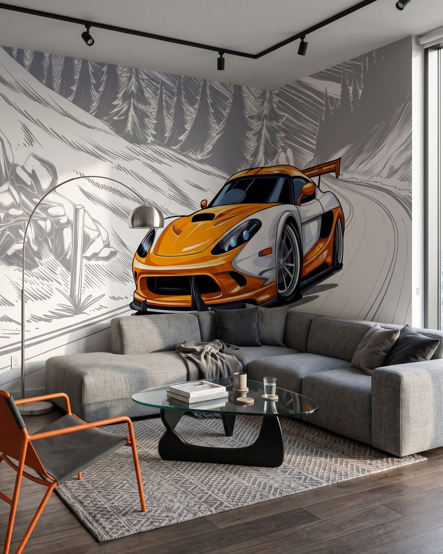 Oranžové auto v zatáčce — interiér 3