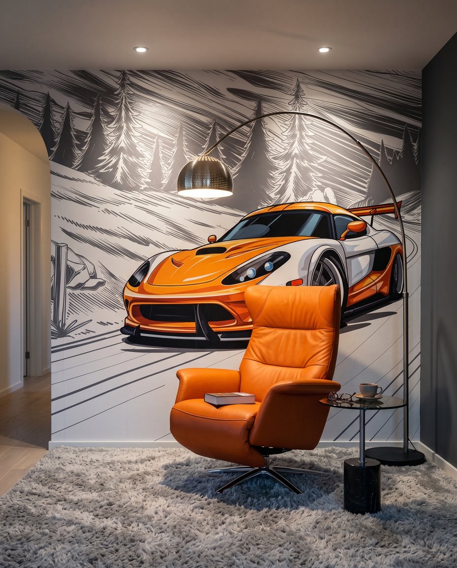 Oranžové auto v zatáčce — interiér 4