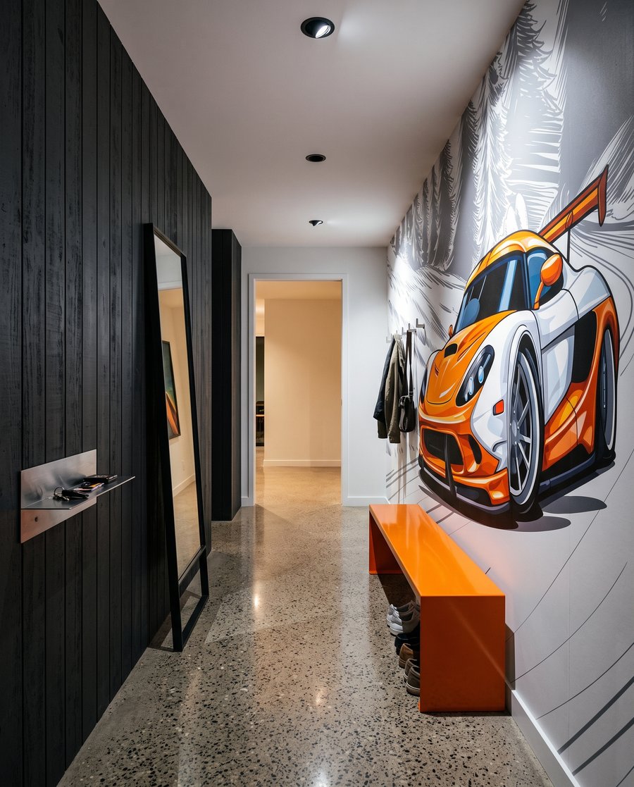 Oranžové auto v zatáčce — interiér 5