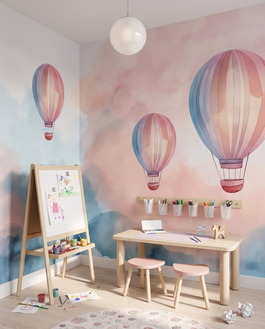 Tři balony nad mraky v interiéru