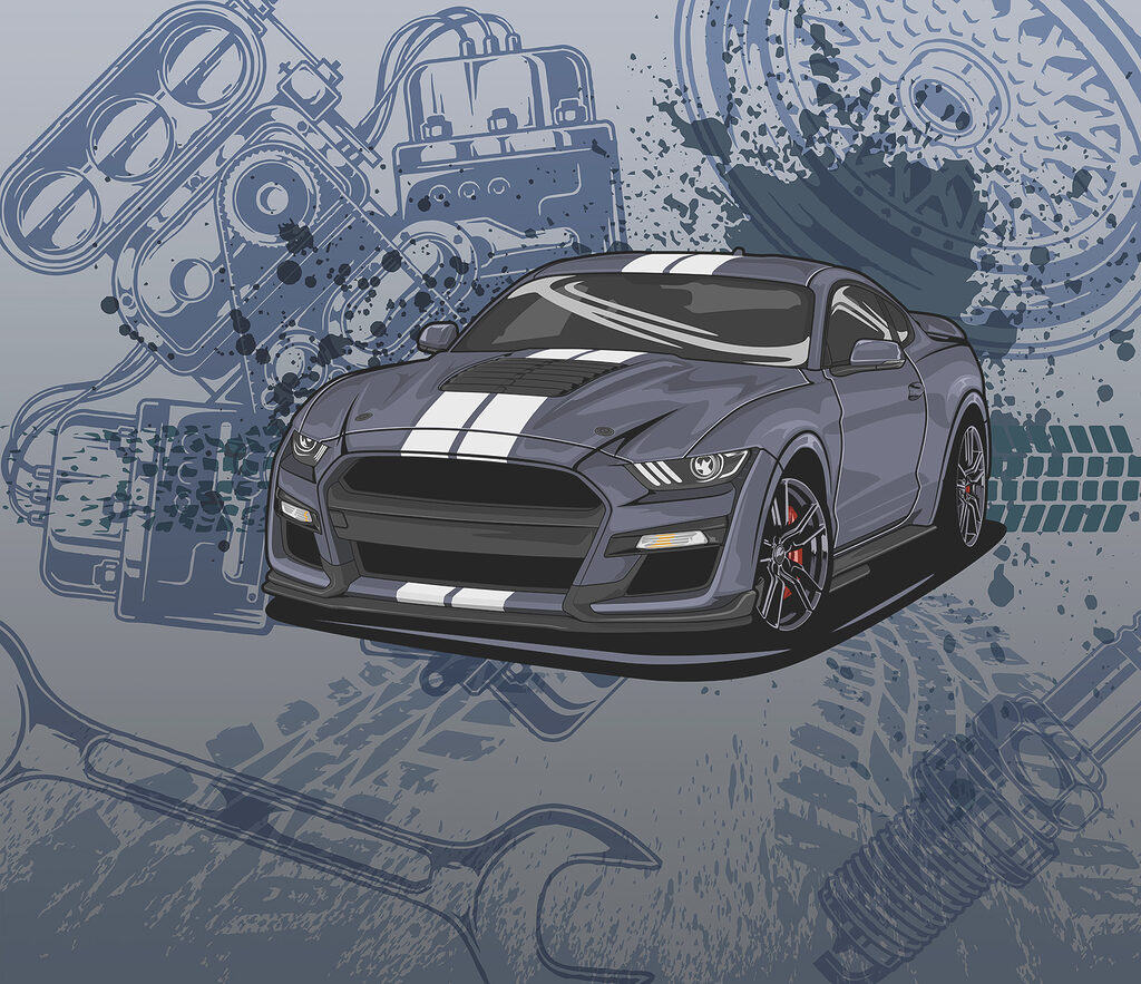 Sportovní auto mezi výkresy — celý design