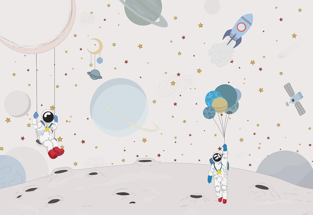 Astronauti mezi pastelovými figurami — celý design