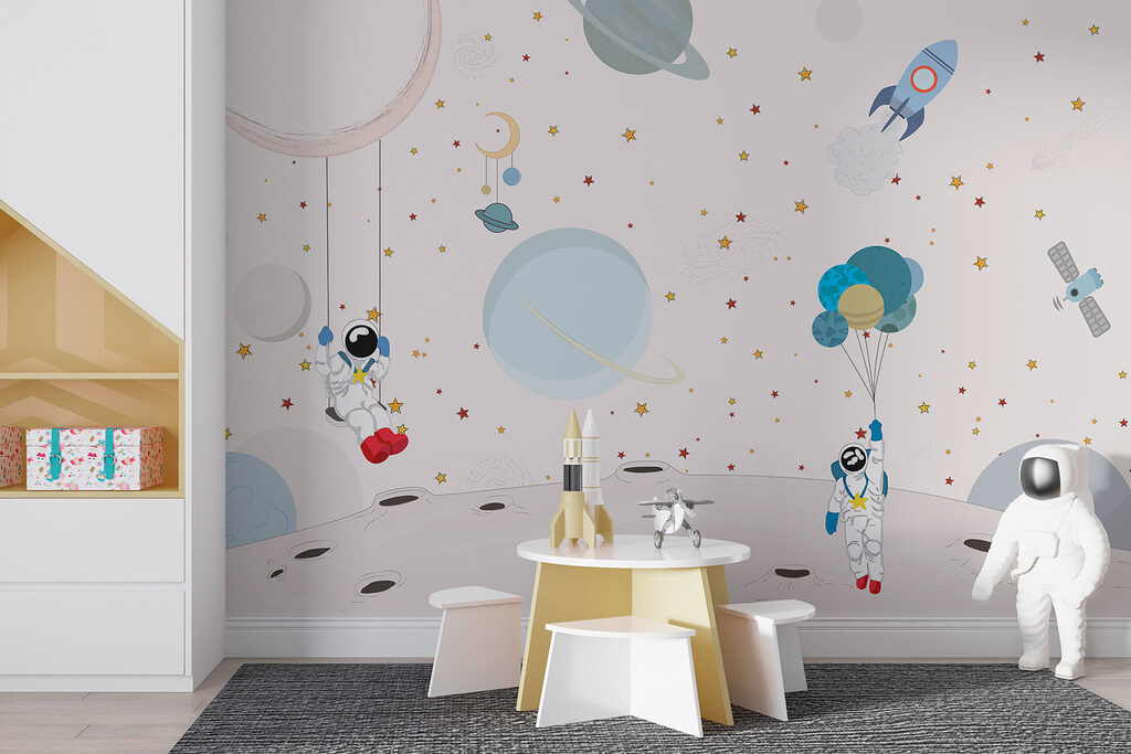 Astronauti mezi pastelovými figurami — interiér 2