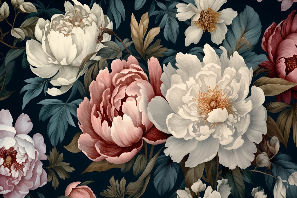 Plné květy na modré — celý design