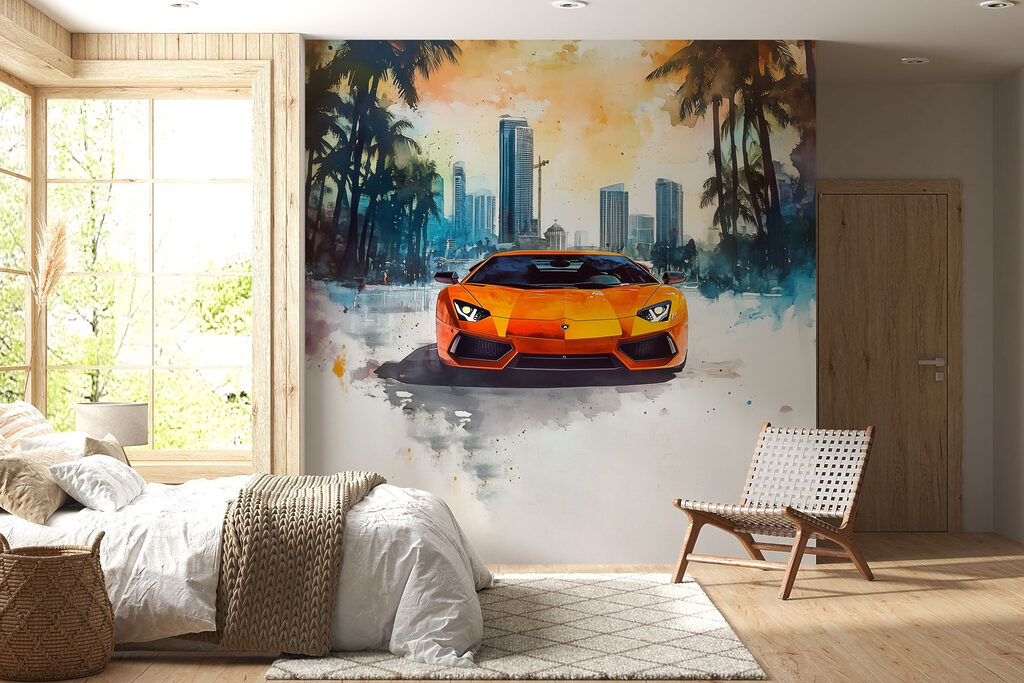 Oranžové sportovní auto v interiéru