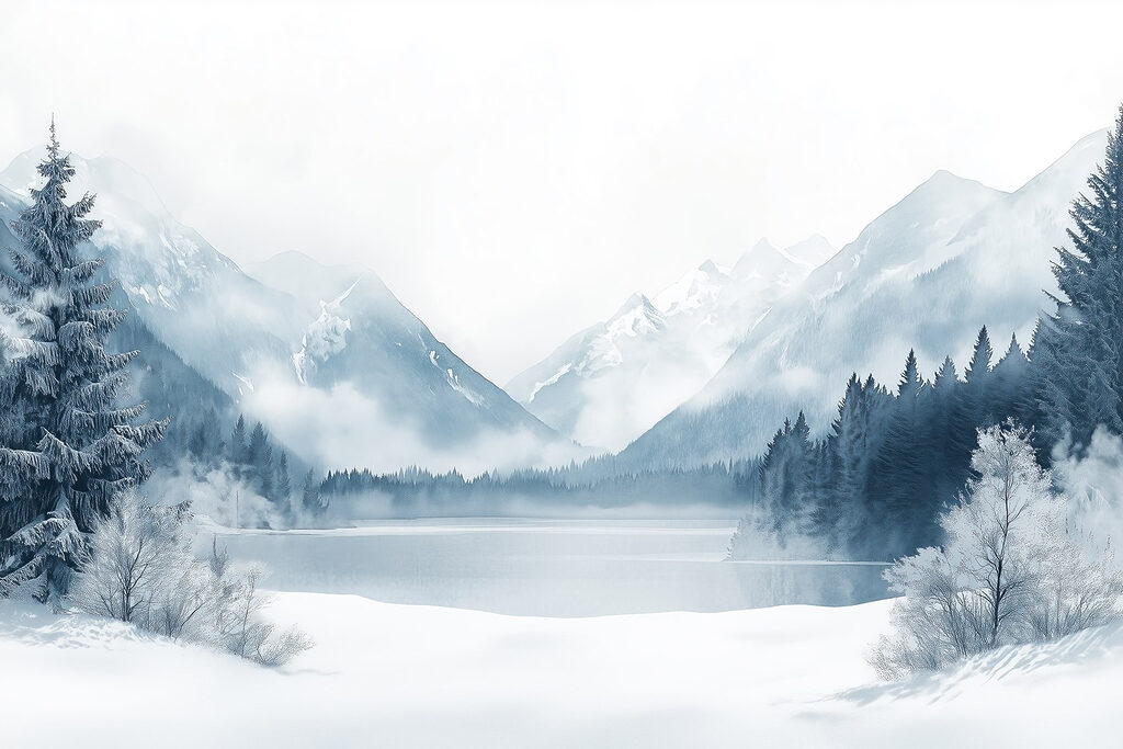 Zimní jezero ve mlze — celý design