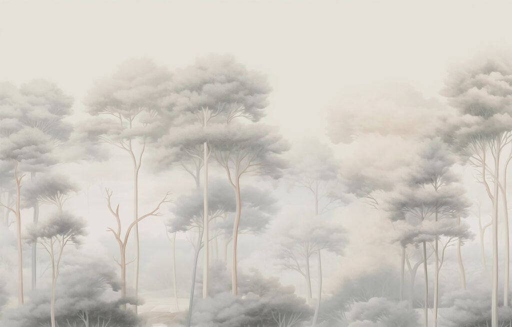 Štíhlé stromy ve mlze — celý design