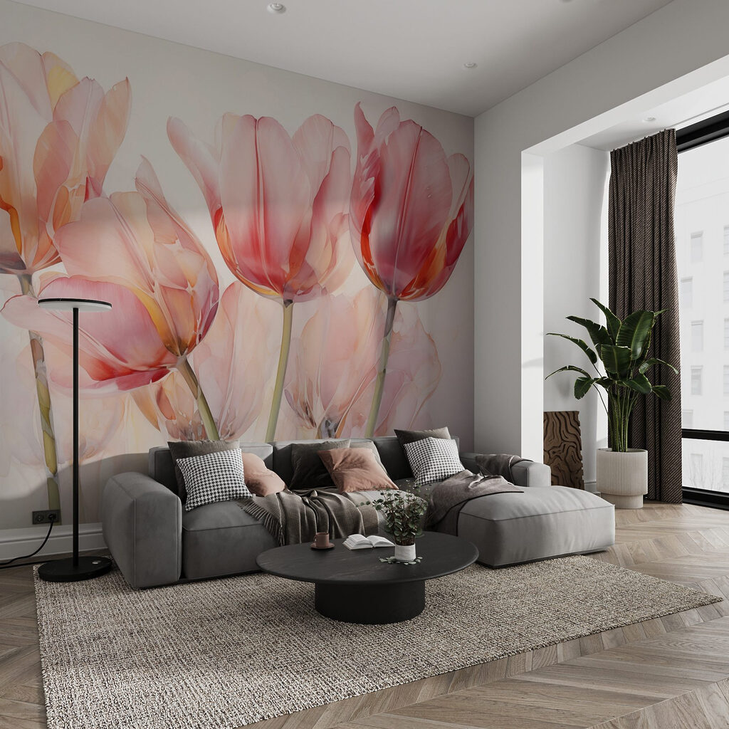 Růžové průsvitné tulipány — interiér 1