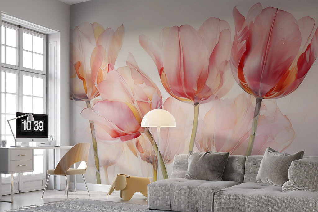 Růžové průsvitné tulipány — interiér 2