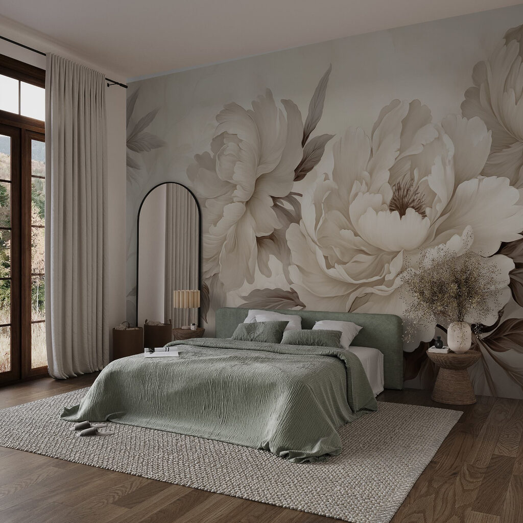 Bílé pivoňky s listím v interiéru