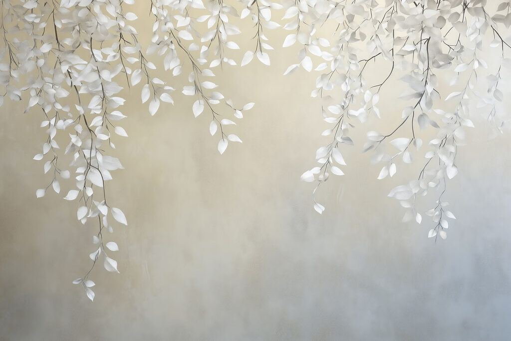 Bílé větve visící shora — celý design