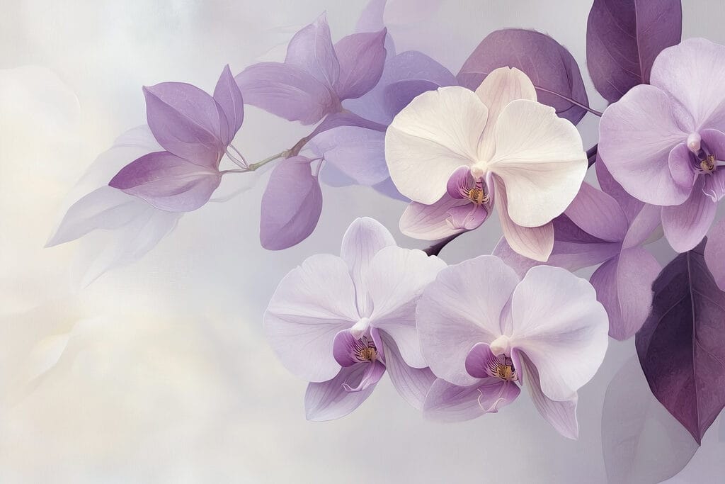 Orchideje mezi fialovými listy — celý design