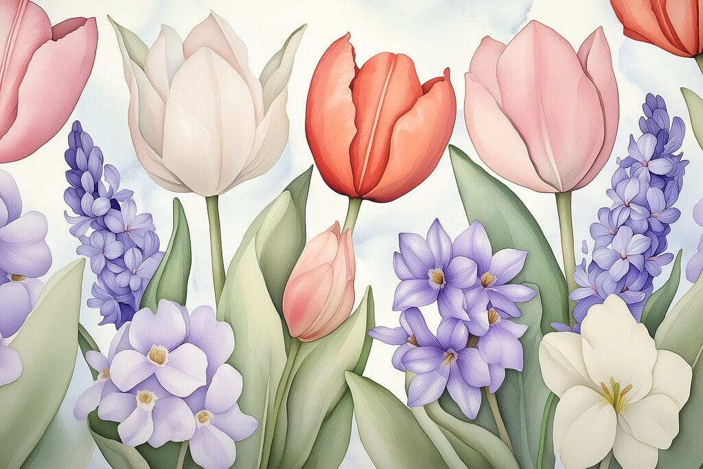 Tulipány mezi fialovými květy — celý design