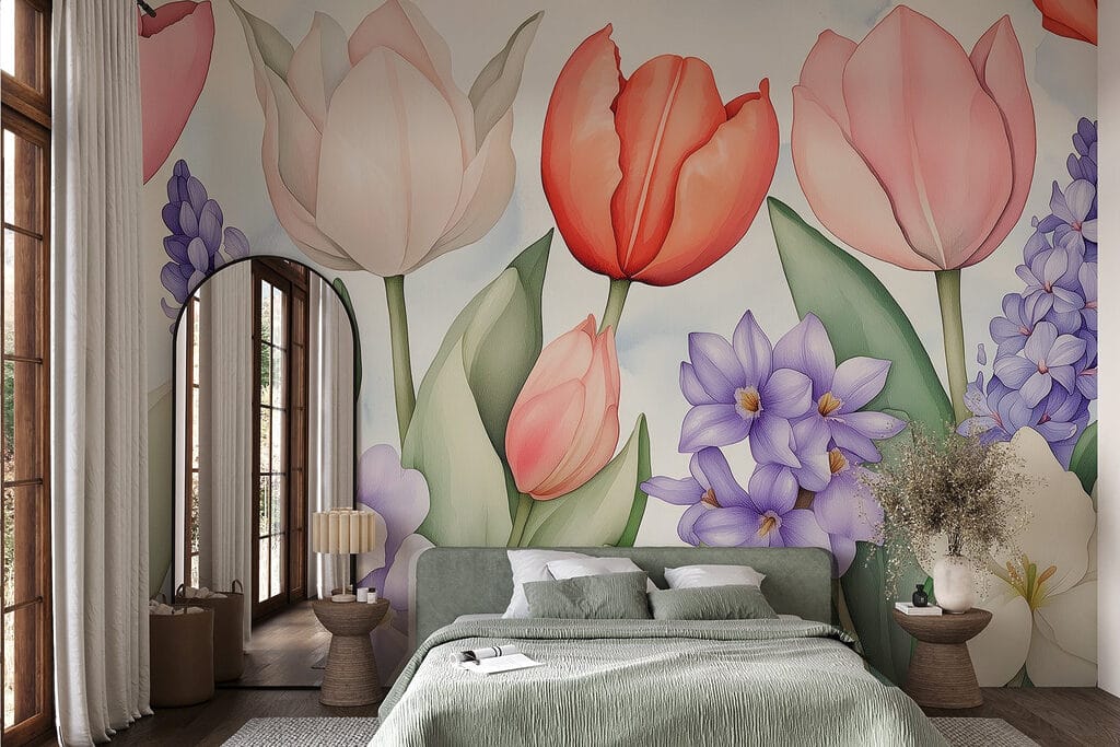 Tulipány mezi fialovými květy — interiér 3