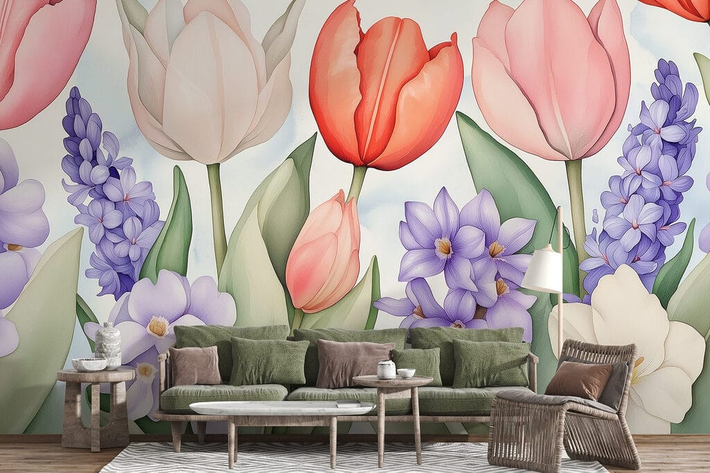 Tulipány mezi fialovými květy — interiér 4