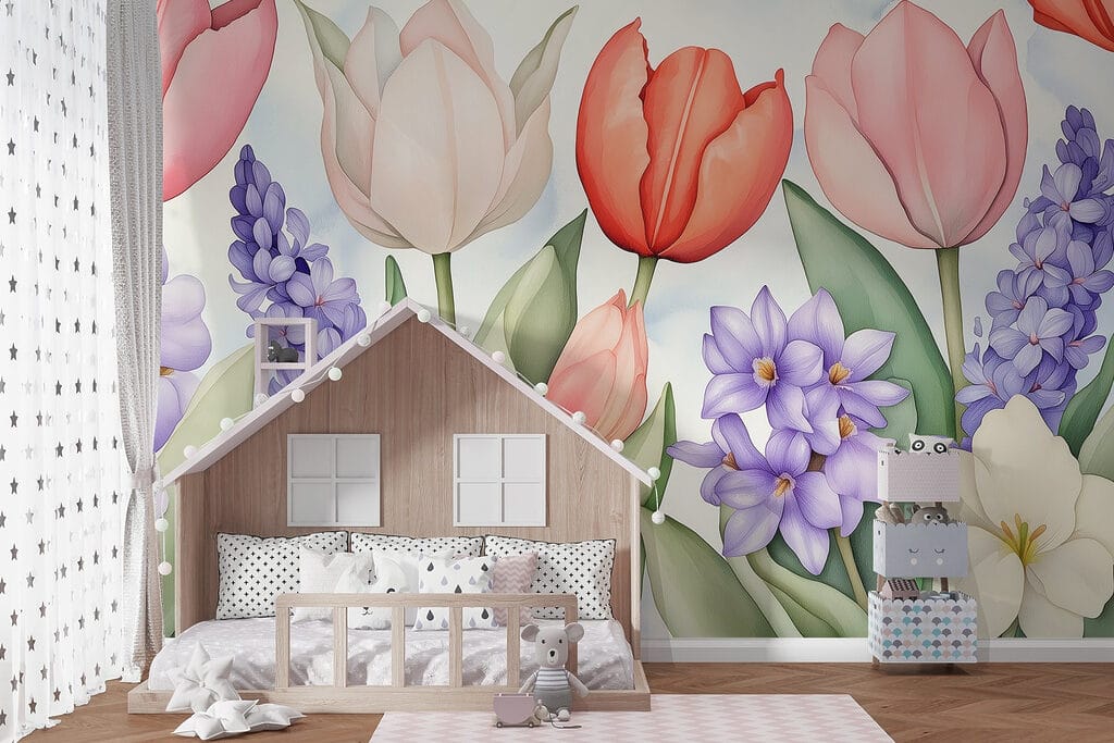 Tulipány mezi fialovými květy — interiér 5