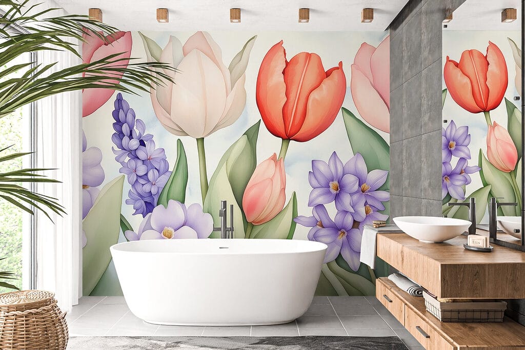 Tulipány mezi fialovými květy — interiér 6