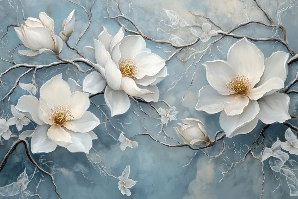 Magnolie na modrém pozadí — celý design