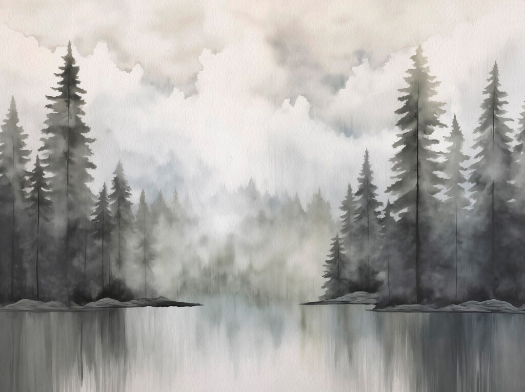 Borové jezero v mlze — celý design