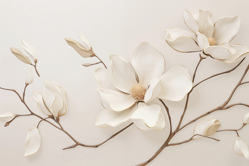 Bílá magnolie na větvičkách — celý design
