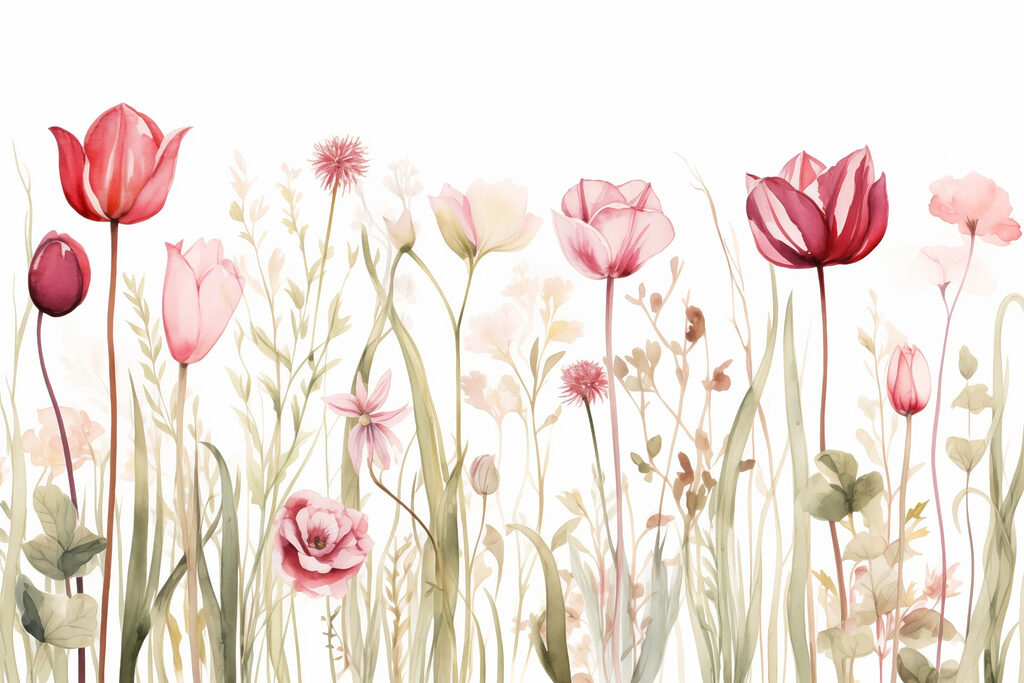 Růžové tulipány mezi květy — celý design