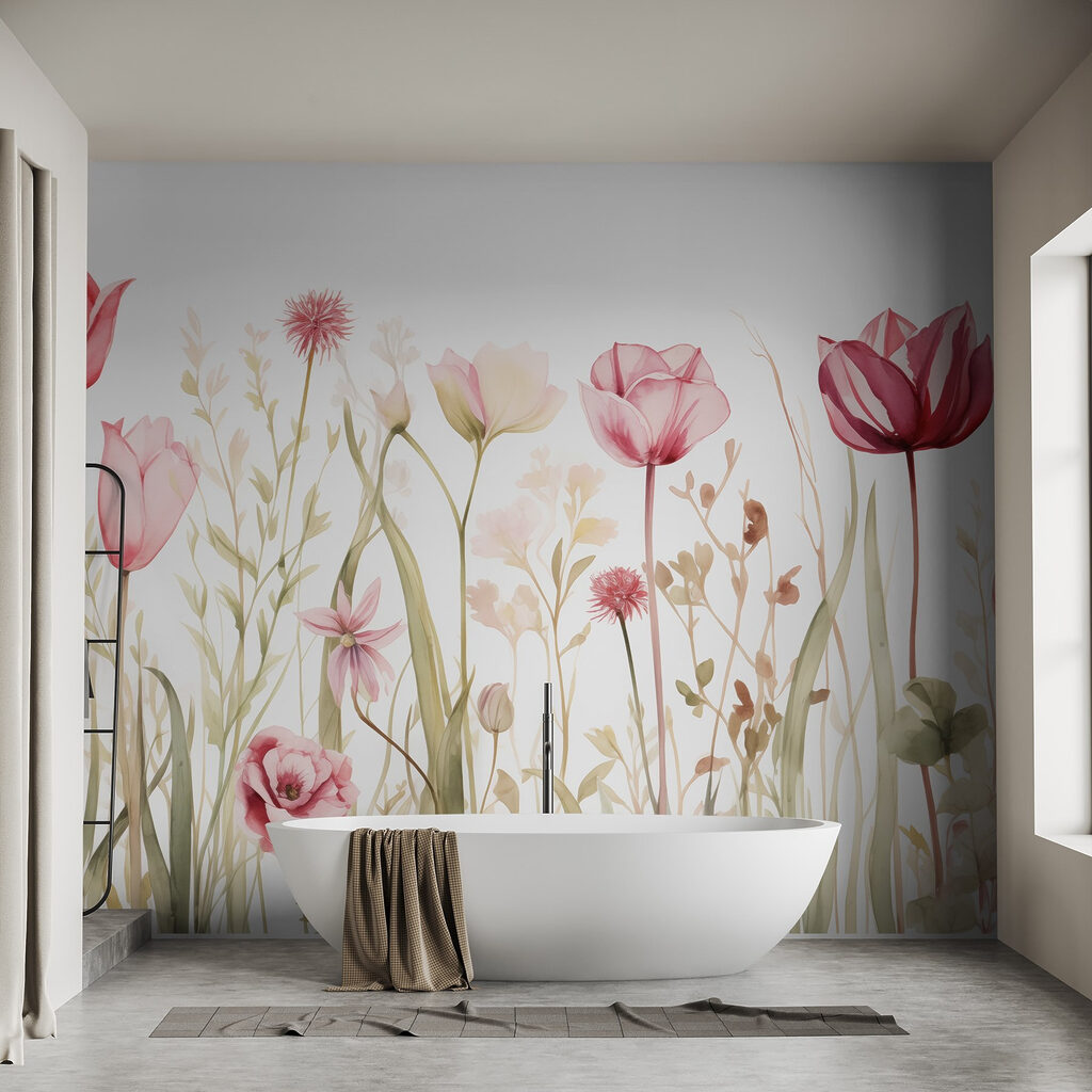 Růžové tulipány mezi květy — interiér 2