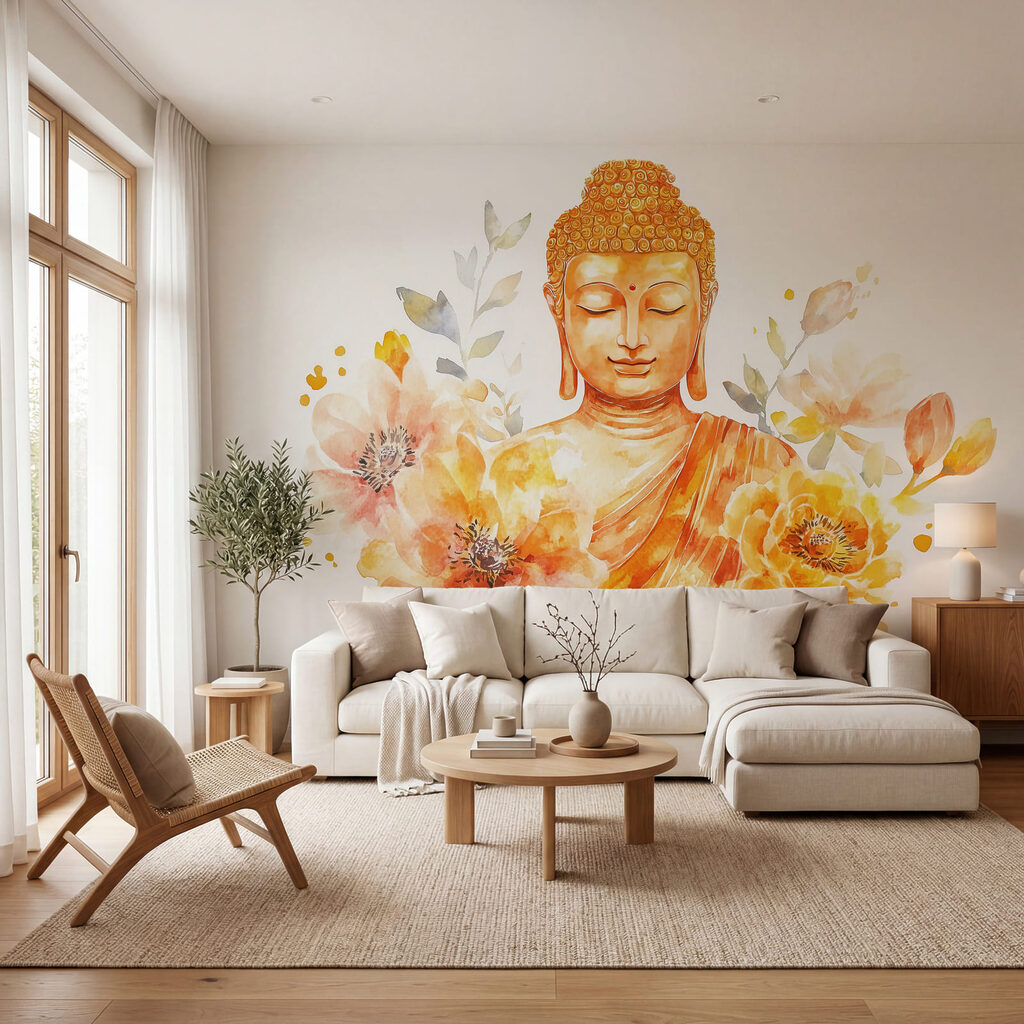 Buddha mezi plnými květy v interiéru
