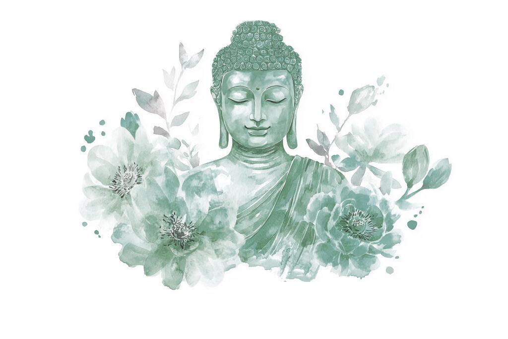 Buddha mezi plnými květy — celý design