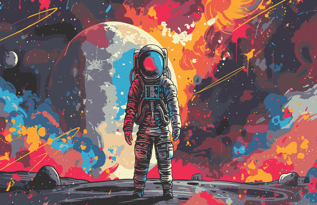 Astronaut mezi barevnými stříkanci — celý design