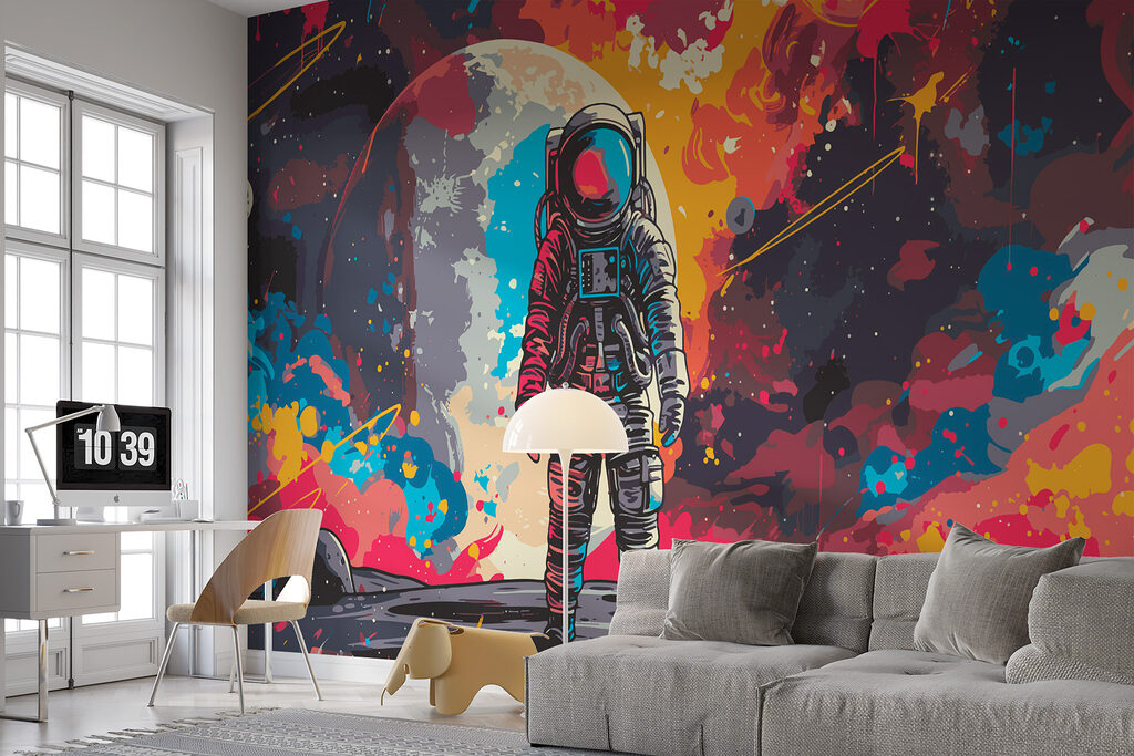 Astronaut mezi barevnými stříkanci — interiér 1