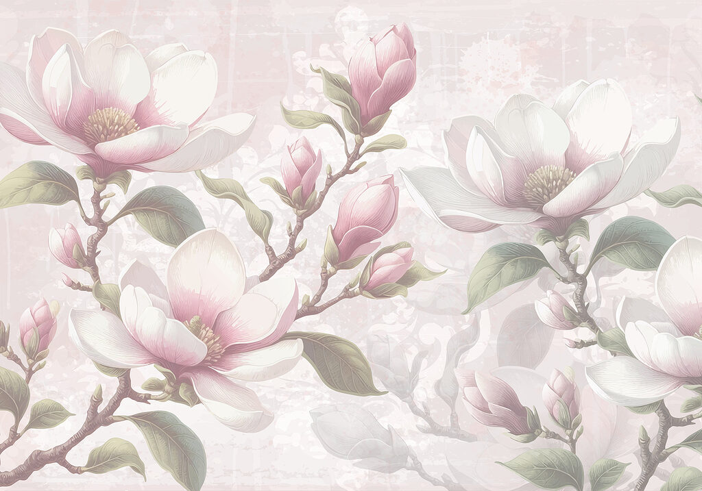 Magnolie na šedém pozadí — celý design